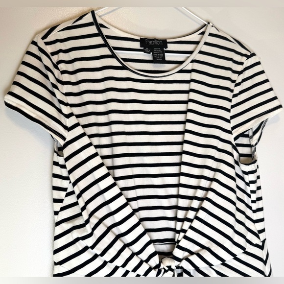 Papillon Black White Striped Blouse SS with Tie Knot Wrap Front Womens Sz XL - Picture 3 of 7